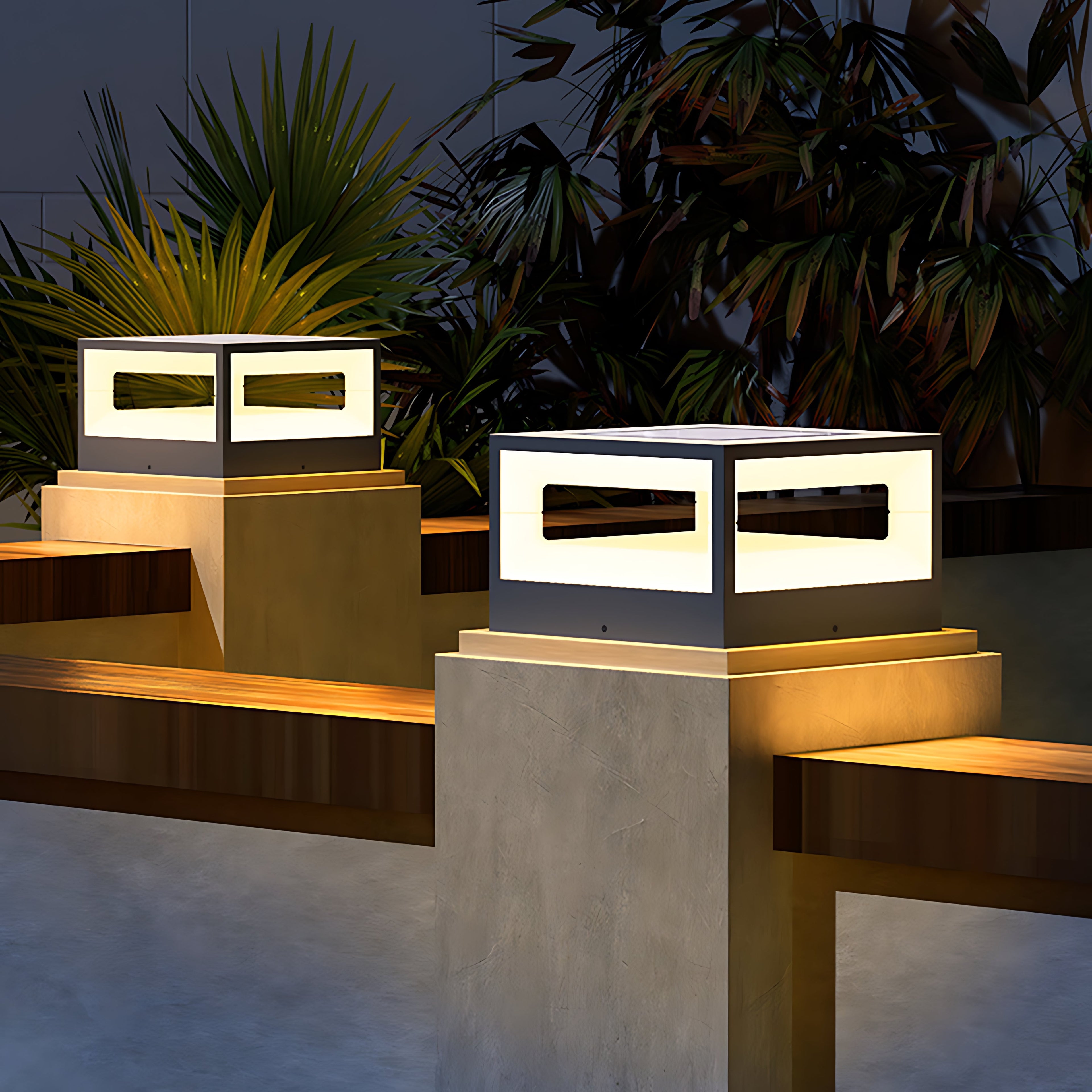 Hollow square pillar light with a sleek design, illuminating a pathway with modern elegance.