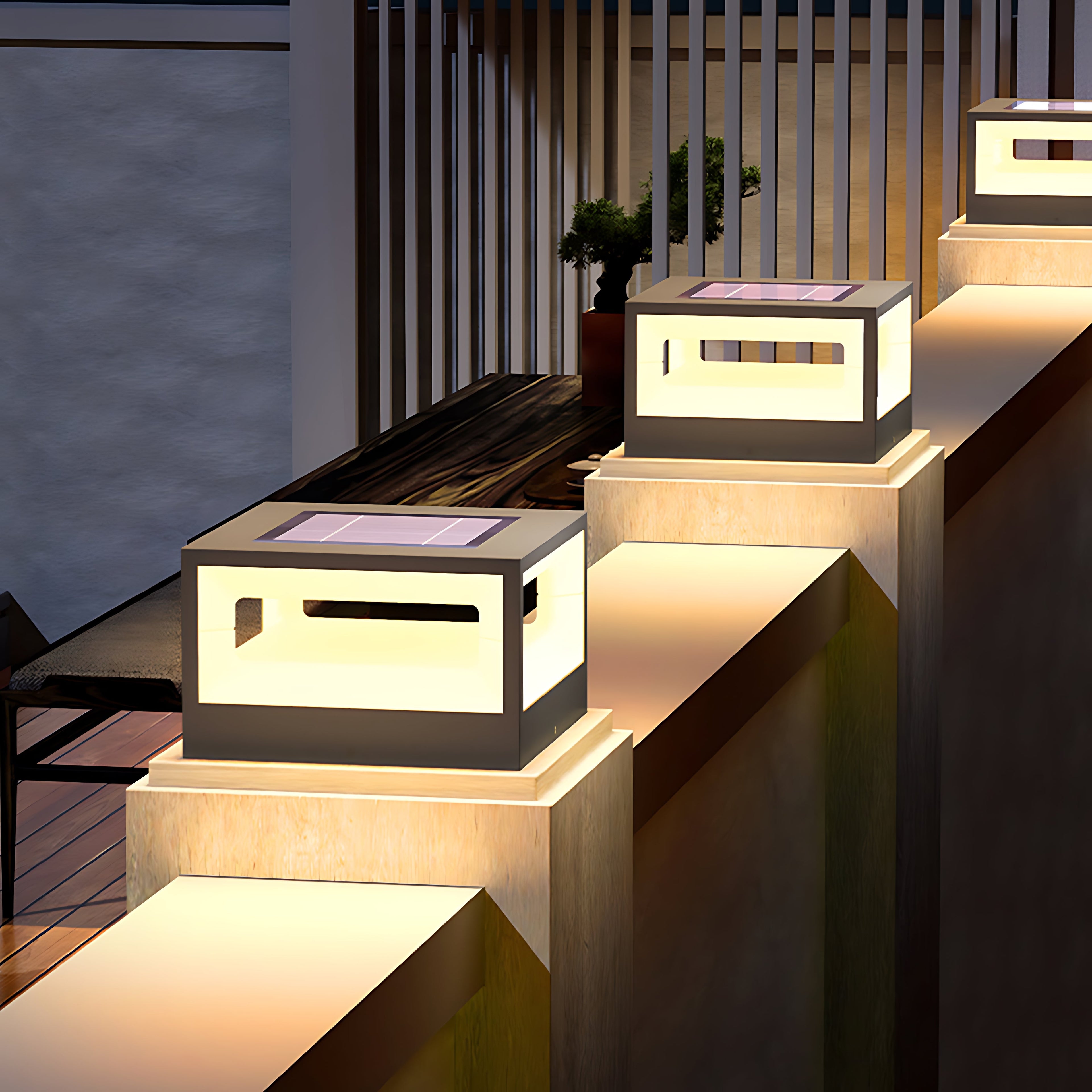 Hollow square pillar light with a solar panel, offering eco-friendly outdoor lighting solutions.