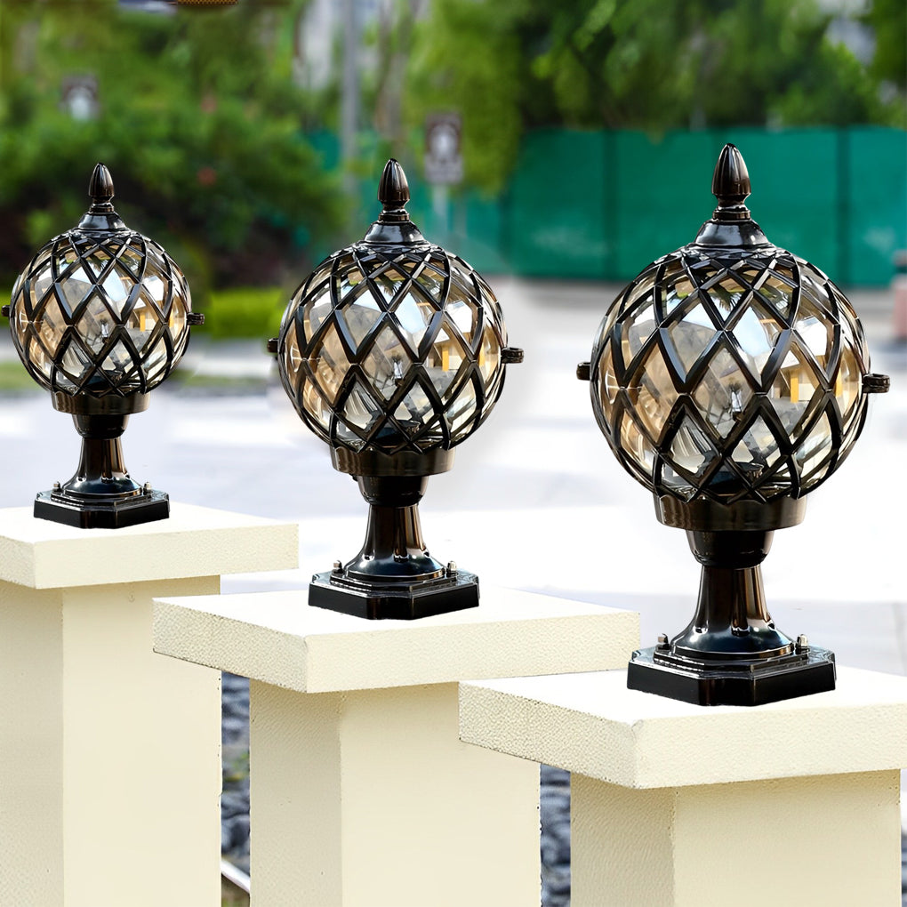 Close-up of a home pillar light, showcasing the intricate gold lattice design and detailed craftsmanship.
