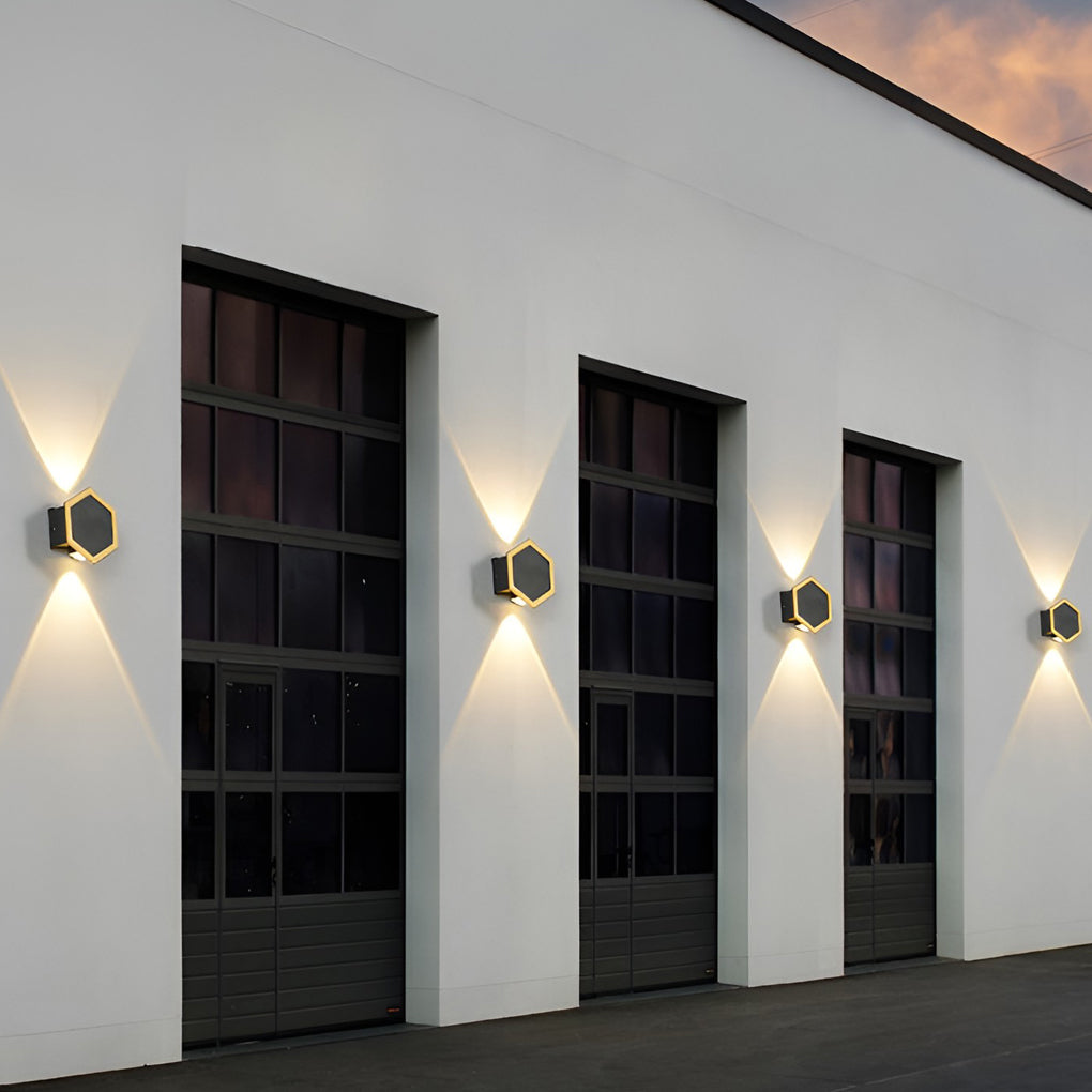 Honeycomb LED lights wall illuminating a cozy outdoor corner with directional glow.