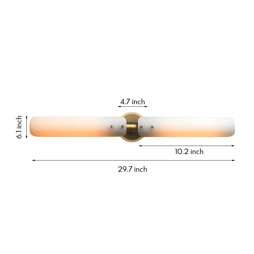 Horizontal brass wall light with glass shades displaying tubular frosted glass element with brass fittings.