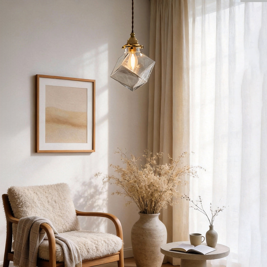 Ice cube pendant light installed near a window with soft natural light.