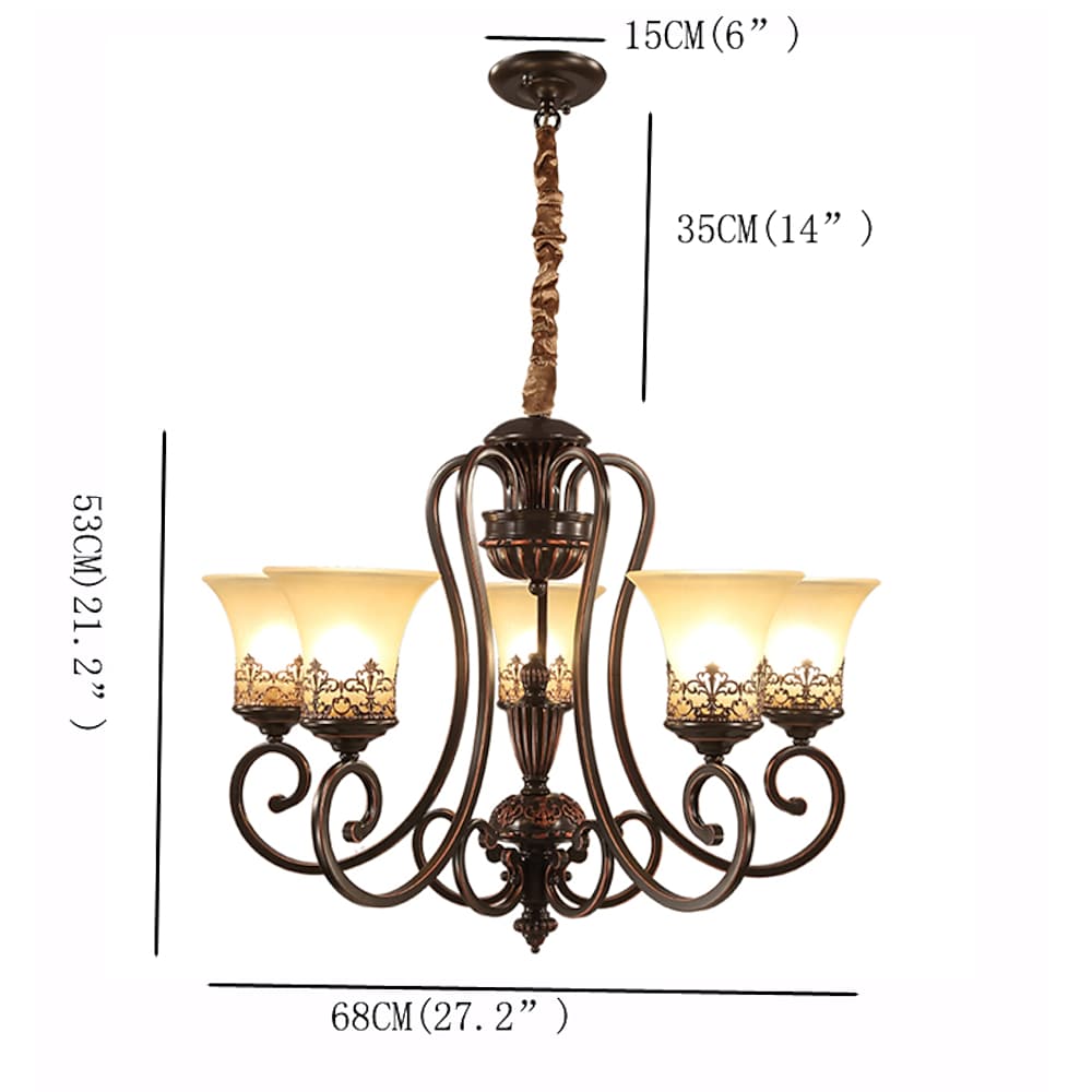 5 - light Bending Metal Bar Upside Down Glass Shade Vintage Chandelier Ceiling Light