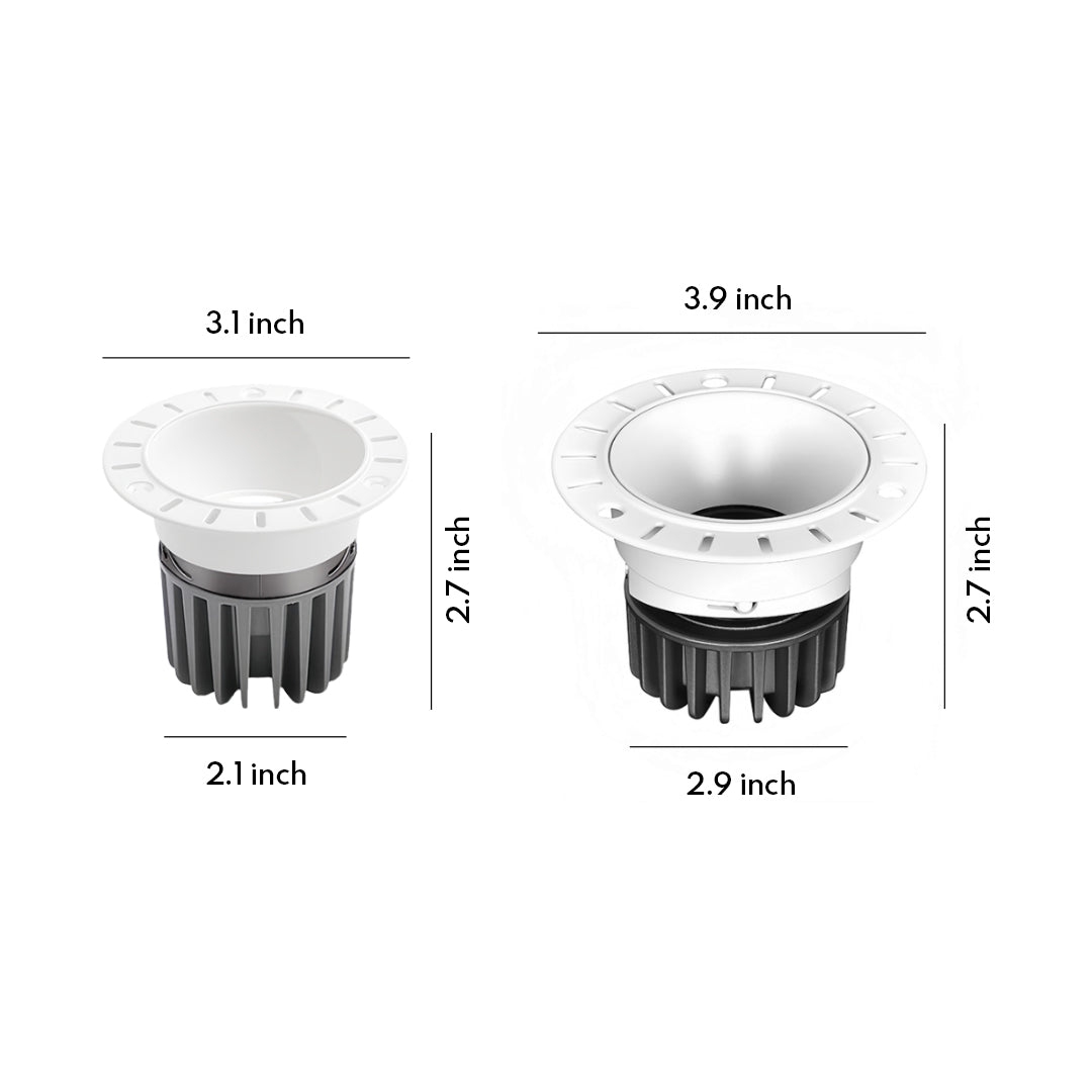 Indoor LED spotlight with white scalloped trim and black reflector, glass shade chandelier inspired design for recessed ceiling mounting.