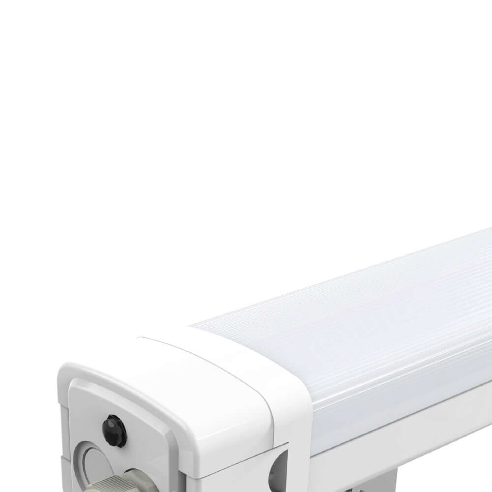 Industrial linear lighting fixture with a sleek design and adjustable mounting.