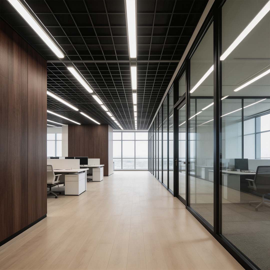 Industrial linear lighting illuminating a spacious office corridor with glass partitions.