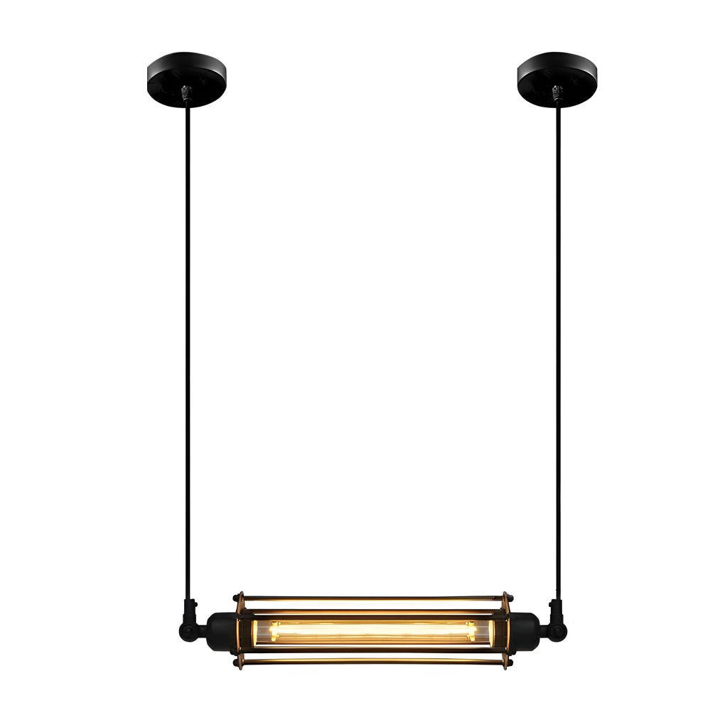 Industrial style pendant light fixtures with double suspension cords and horizontal tube light for kitchen or dining use.
