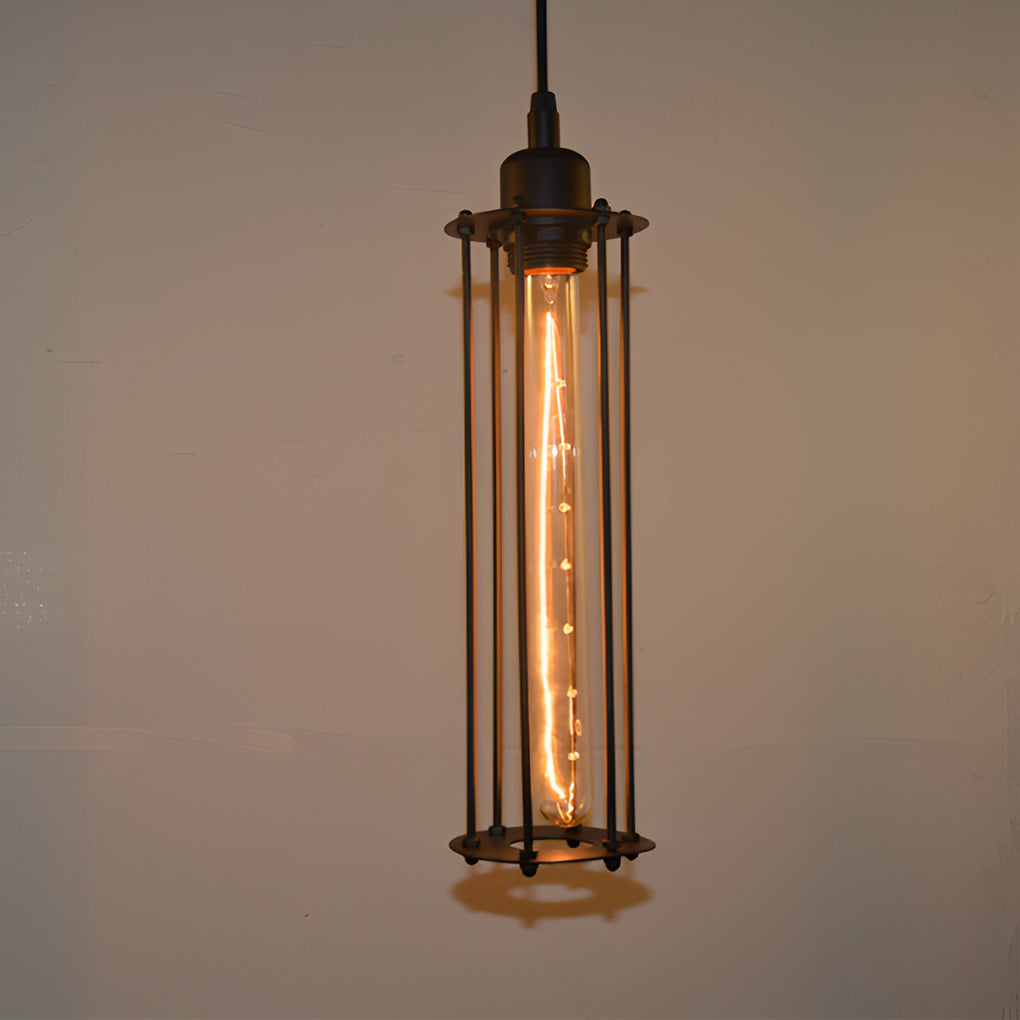Single industrial style pendant light fixtures featuring a tall cylindrical cage and exposed filament for ambient lighting.