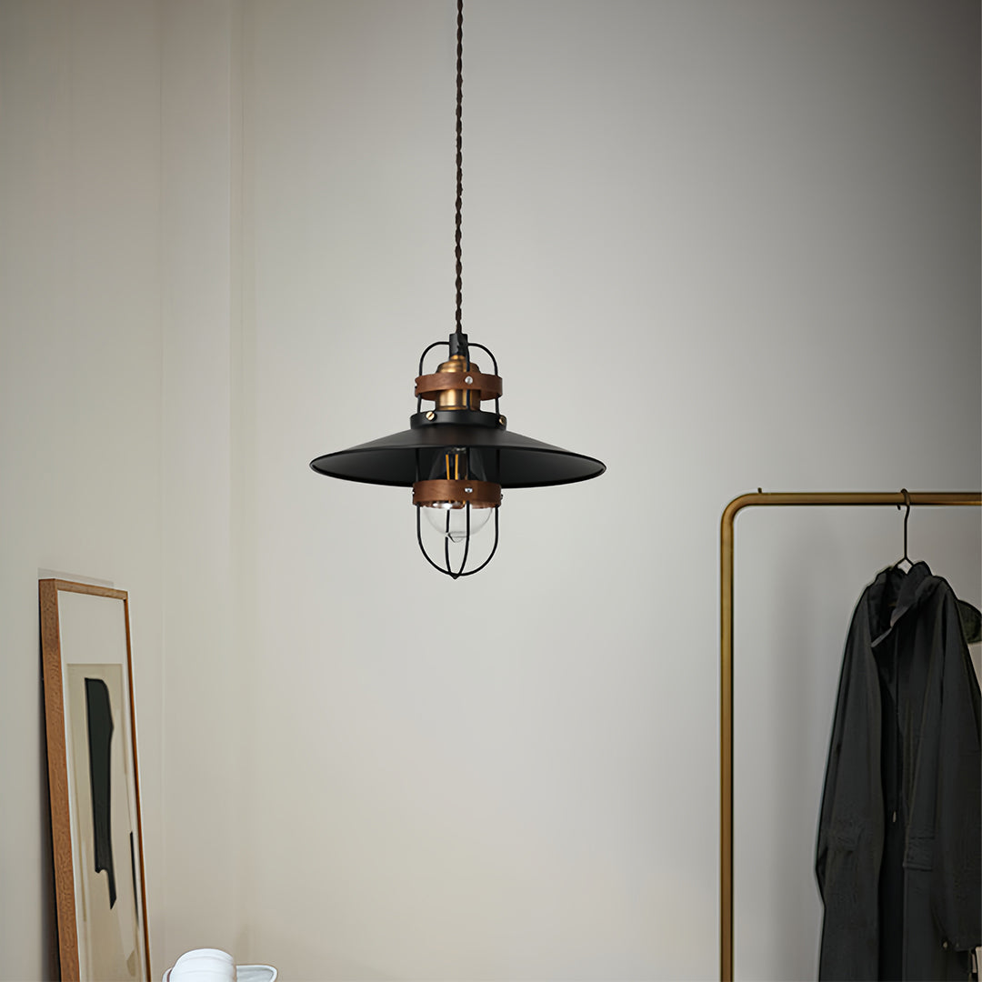 Industrial-style vintage hanging pendant lights in matte black finish for a simple room