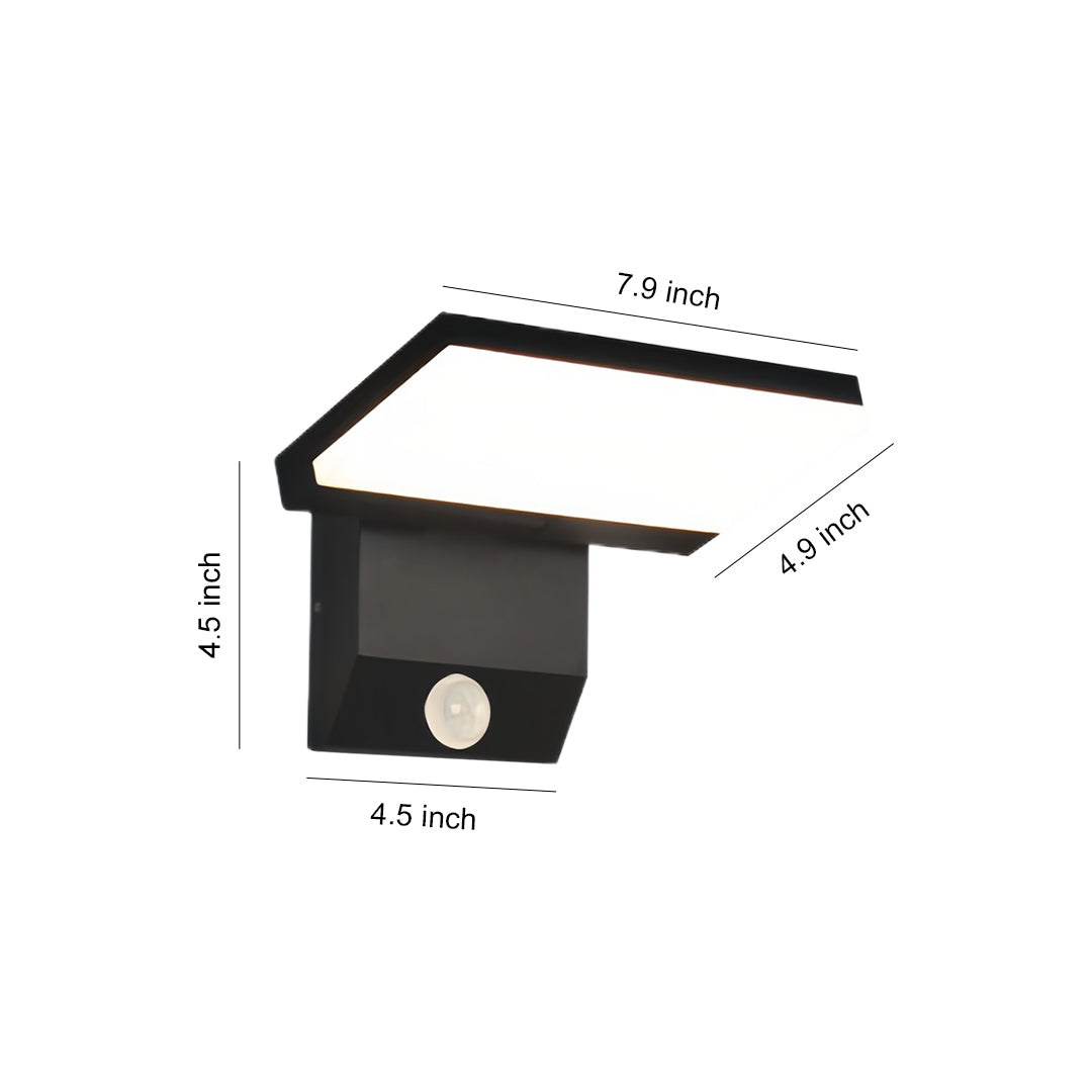 Technical diagram of industrial wall light with motion sensor showing dimensions and side profile view
