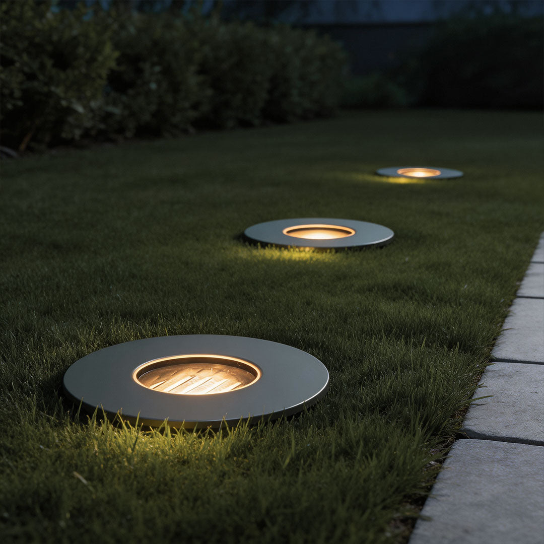 Inground well light with a contemporary design, enhancing a garden walkway.