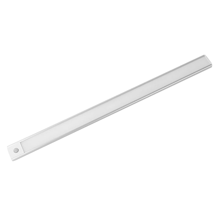 Studio shot of a silver aluminum alloy wireless under cabinet lighting bar with a bright white finish.