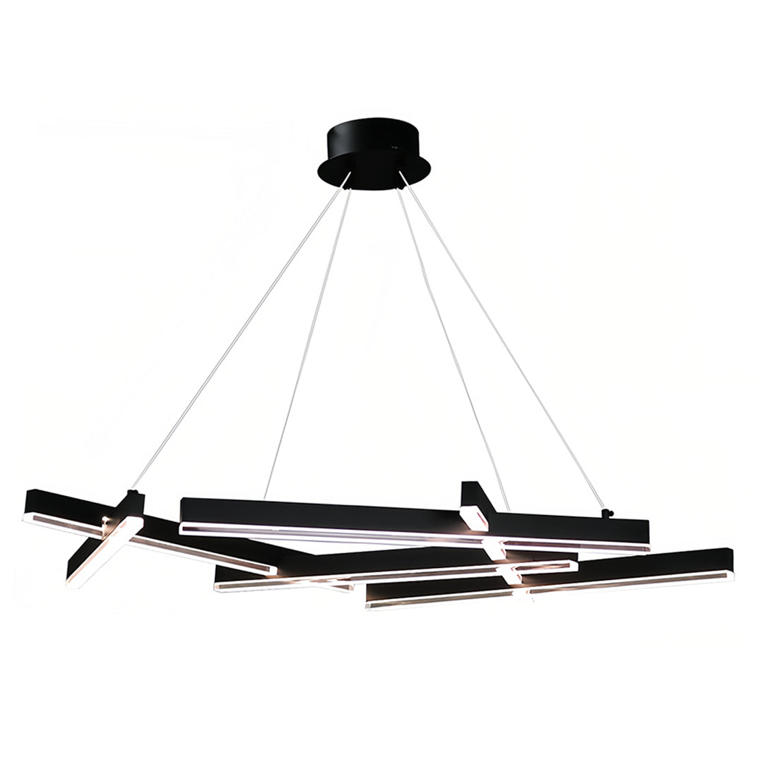Elegant small black pendant light with intersecting linear elements in chandelier form