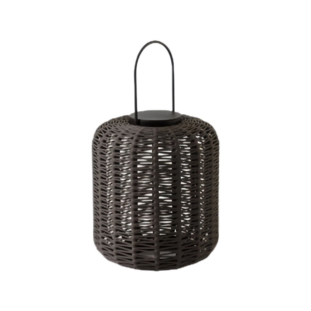 Isolated product view of the tall, cylindrical outdoor LED lantern, perfect for setting atmosphere on a porch or patio.