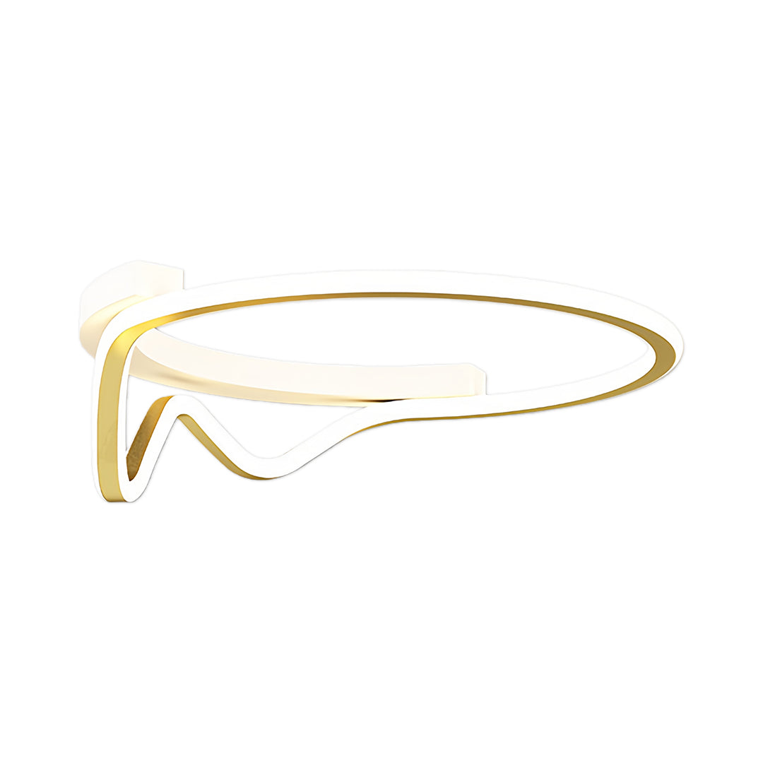 Isolated product view of the white and gold geometric flush mount light fixture, highlighting the metallic finish.