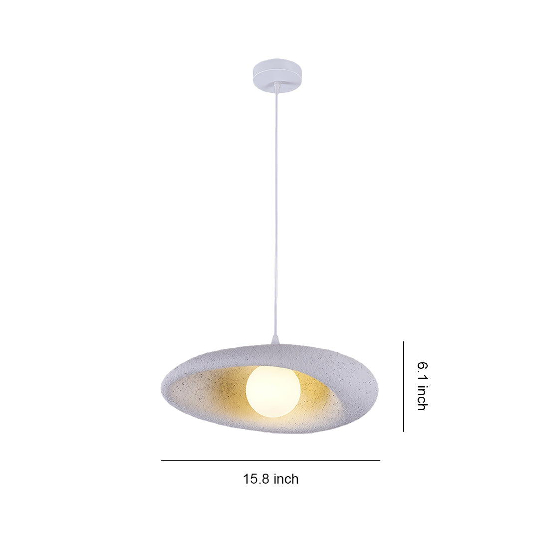 Japanese pendant lights with glass shade chandelier inspired design in compact white textured disc shape with central globe.