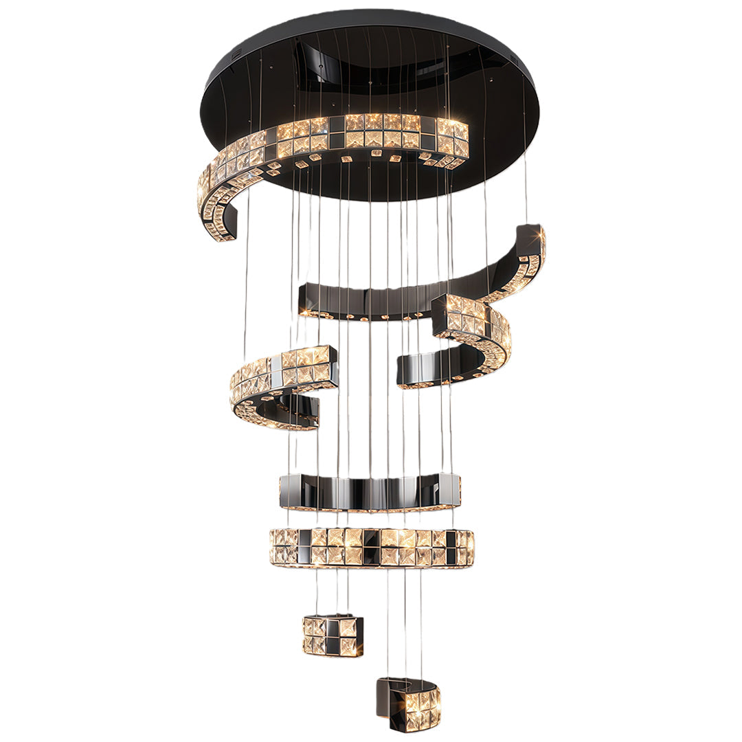Modern black K9 crystal chandelier with layered spiral lighting design.
