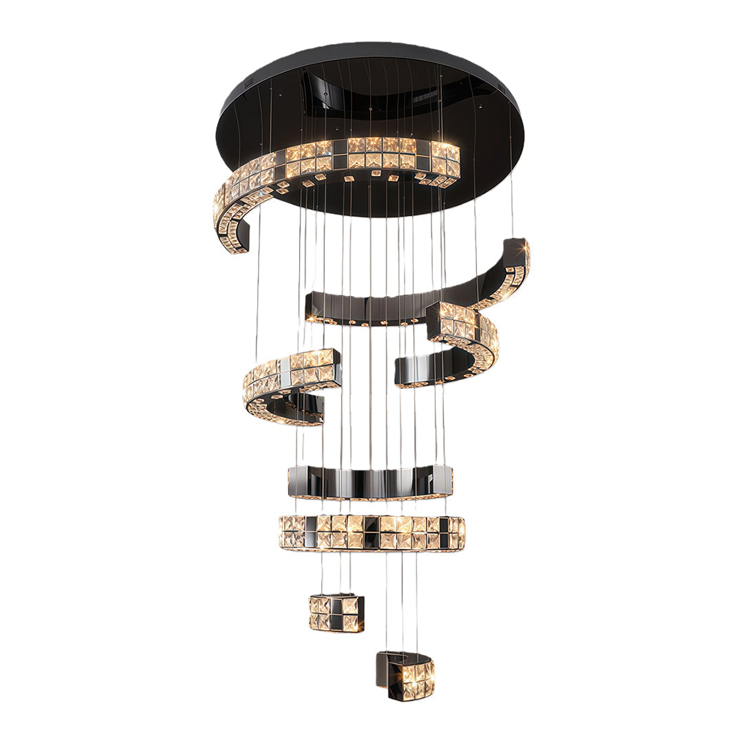 Four-ring K9 crystal chandelier with a modern black base and clear crystals.