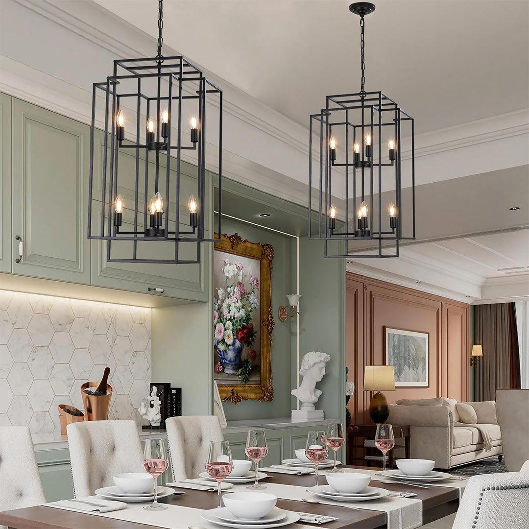 Industrial vintage pendant light with black finish, installed above a kitchen island for stylish task lighting.