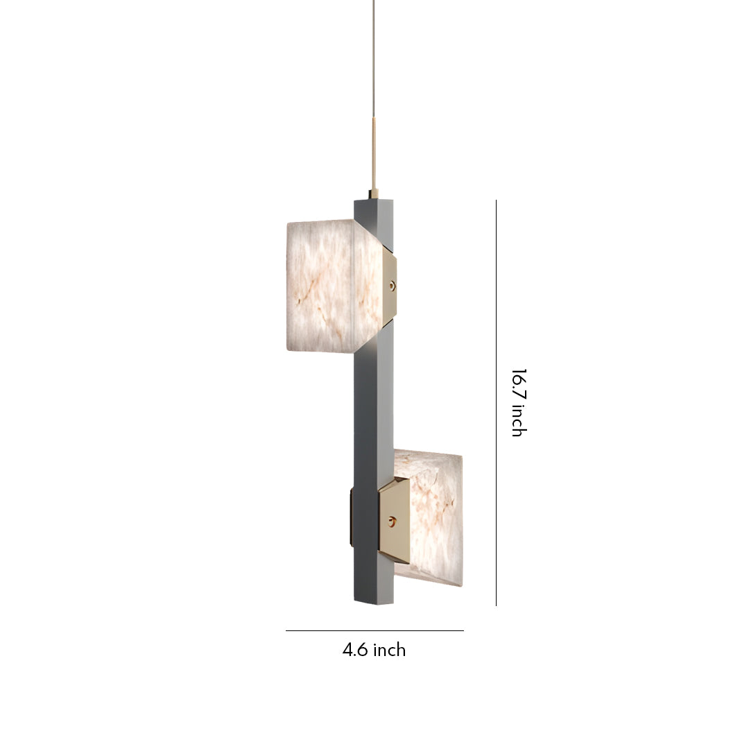 Long modern kitchen island chandelier featuring multiple stone-textured square shades in a linear bar design.