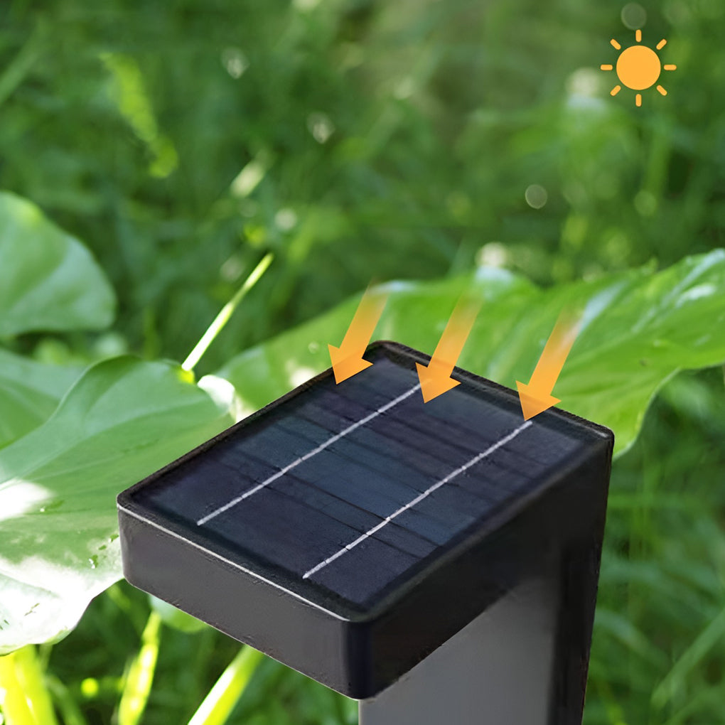 Close-up of an L shaped landscape light, showcasing its solar panel and modern design.