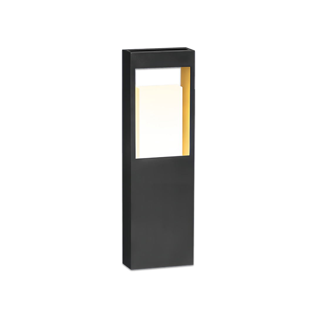 Tall and narrow landscape bollard lighting with clean edges and soft warm illumination from the upper panel.