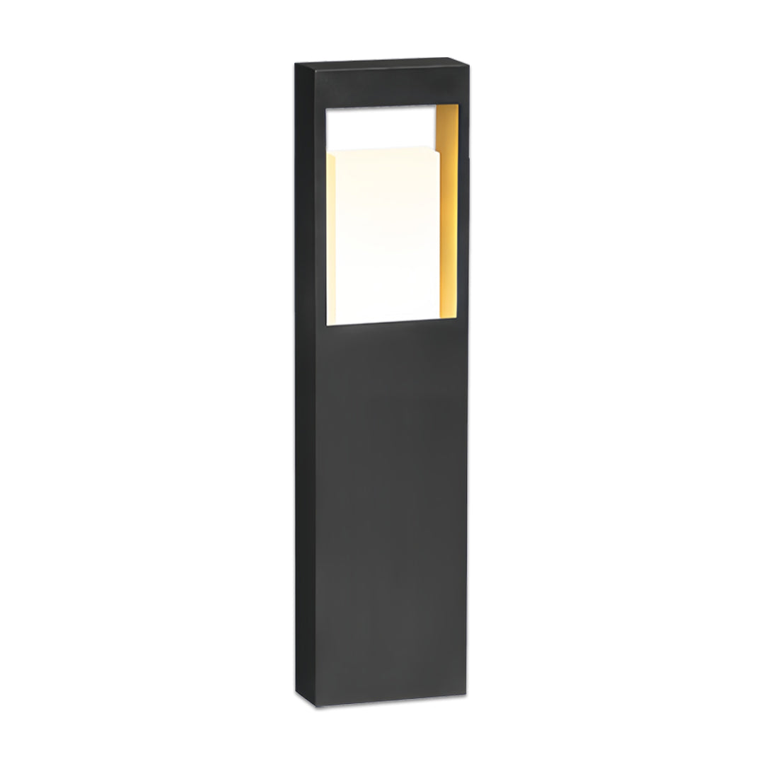 Modern landscape bollard lighting designed with a slim rectangular body and integrated warm LED panel.