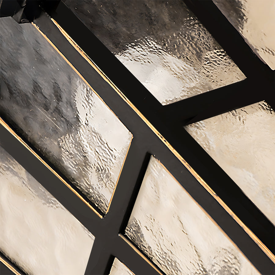 Architectural detail showing lantern mounting against textured ceiling surface