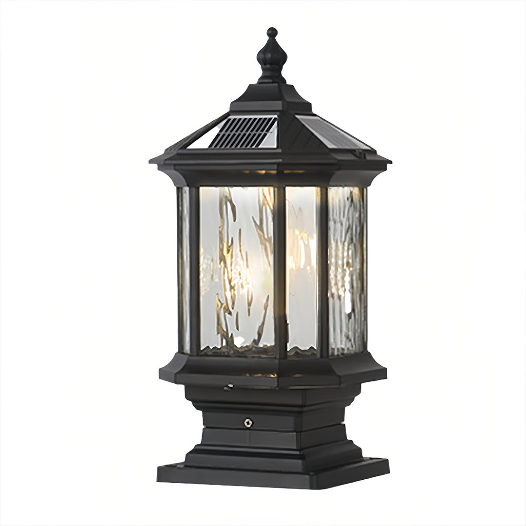 Lantern pillar lights with a black finish, offering a modern look for outdoor lighting.