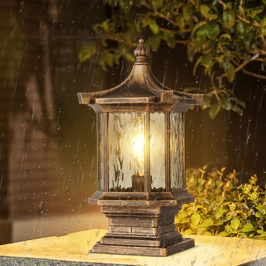 lantern-pillar-lights-black-metal-frame-elegant-driveway-illumination