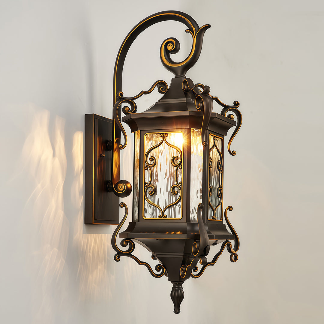 Single outdoor wall sconce lights with vintage lantern-style design and frosted glass.
