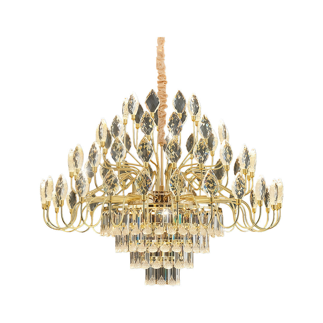 Large ceramic crystal led chandelier in gold finish with layered crystal details.