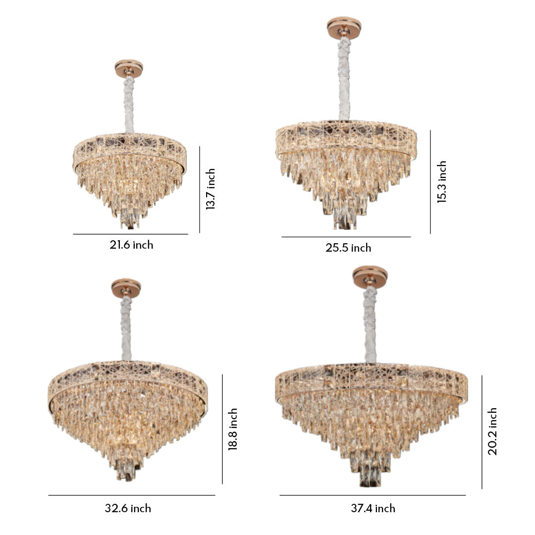 Large chandelier crystals size chart showing multiple tiered designs with golden finish.