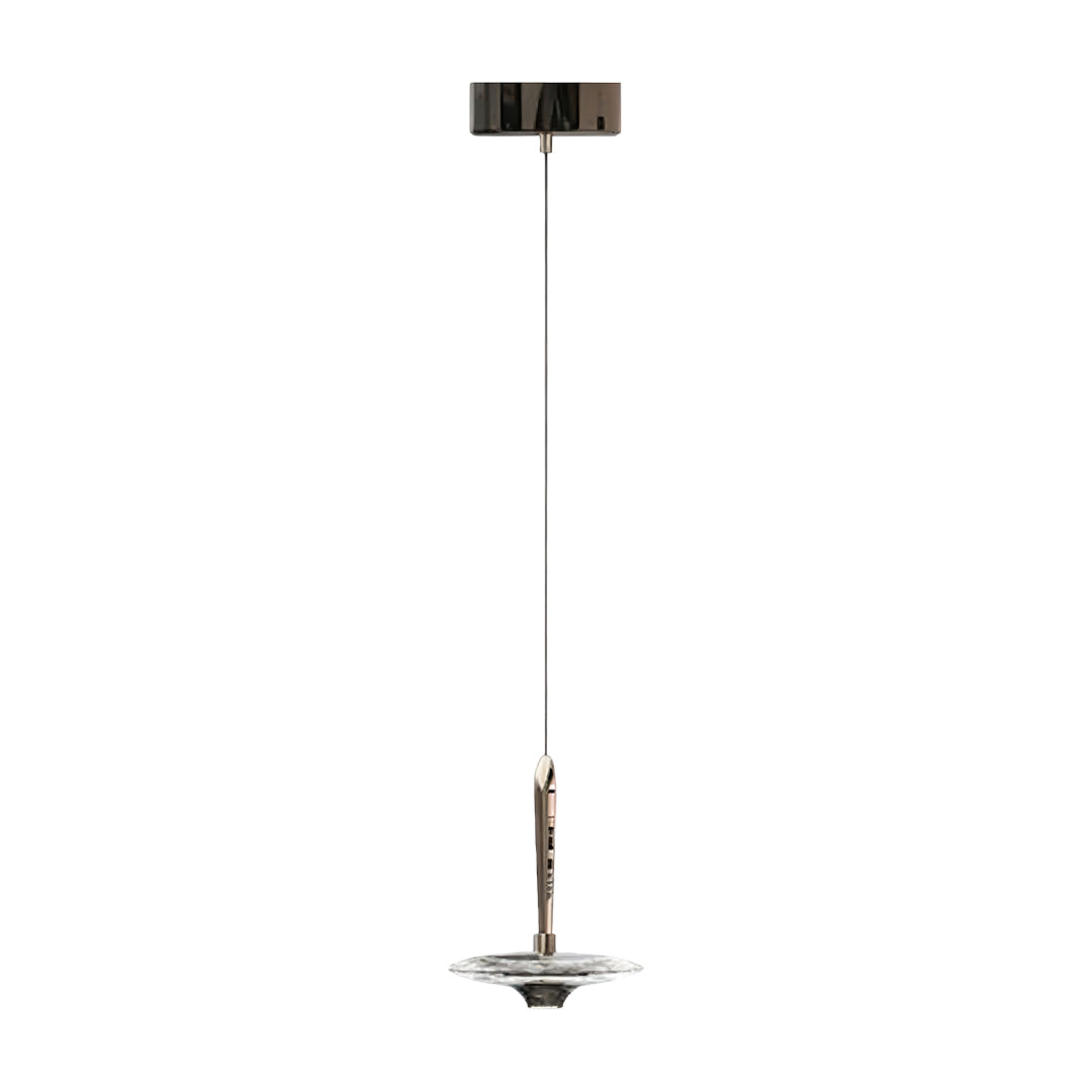 Large crystal pendant light with single circular frosted glass shade suspended by adjustable chrome rod