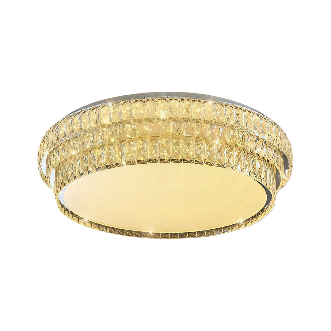 Large flush mounted LED lights featuring glass shade chandelier design with ornate crystal trim and warm LED illumination.