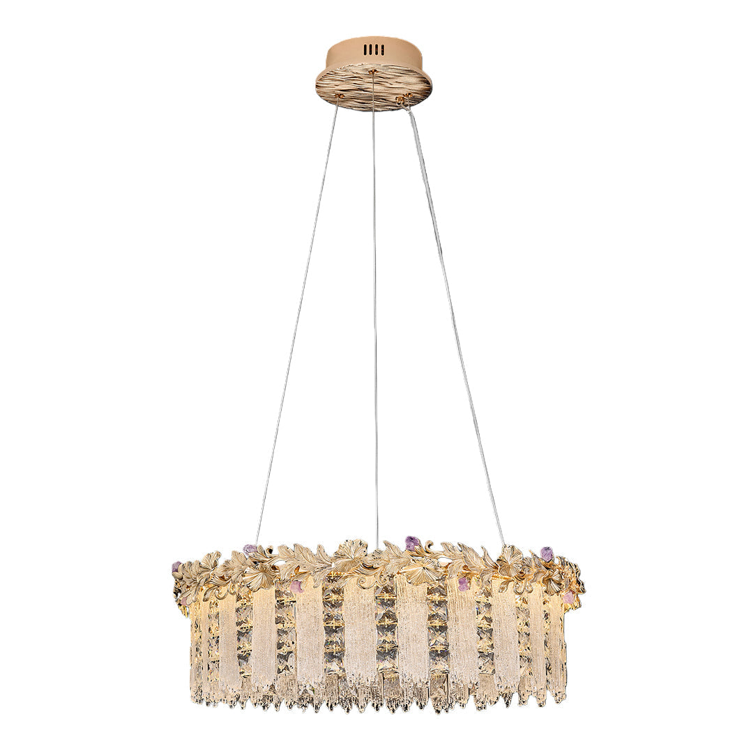 Large gold chandelier crystal with multiple layers of sparkling crystals.
