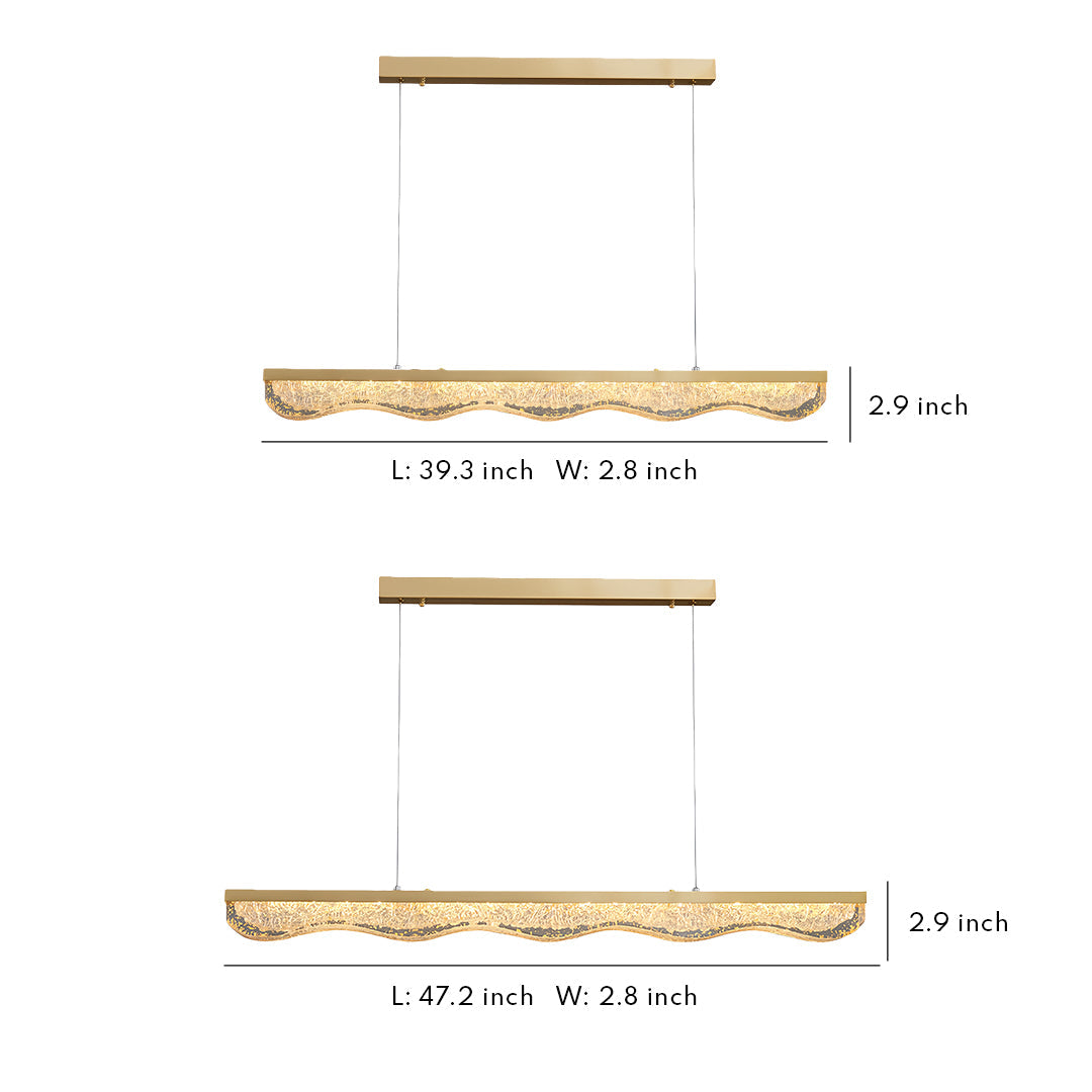 Large gold pendant light technical drawing showing three size options with dimensions on white background.