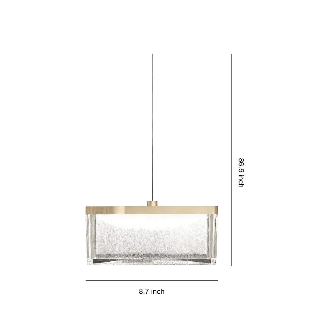 Technical drawing of large metal pendant lights showing dimensions and horizontal rectangular design with brass finish