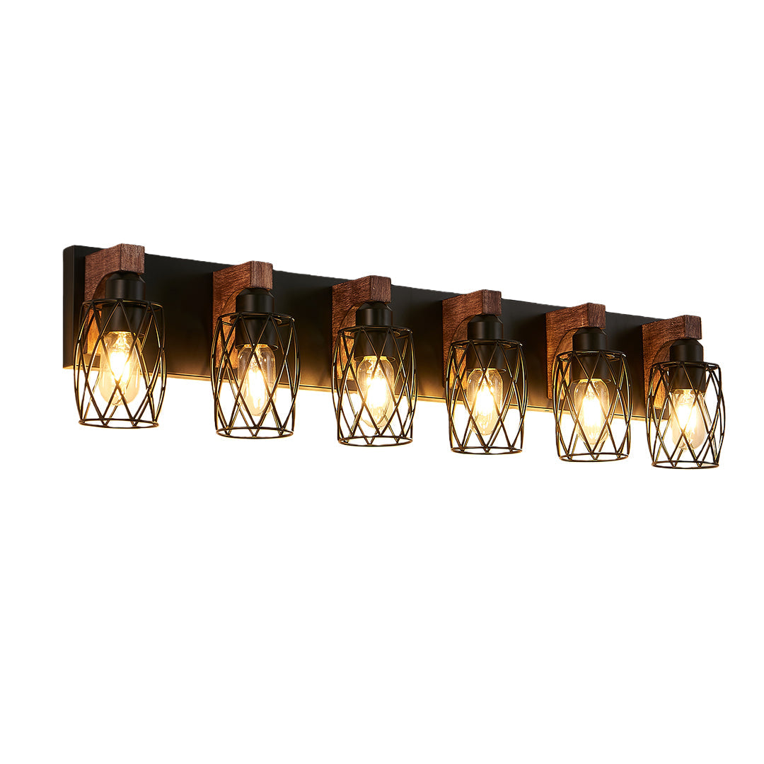 Black vanity bathroom light with an industrial design, mounted above a large bathroom mirror.