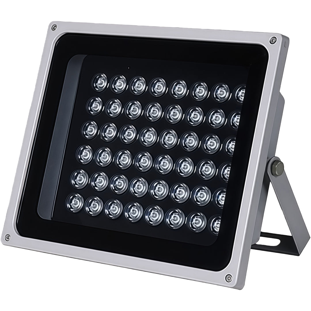 Large silver architectural flood lights fixture with a powerful 42-LED array, isolated on white.