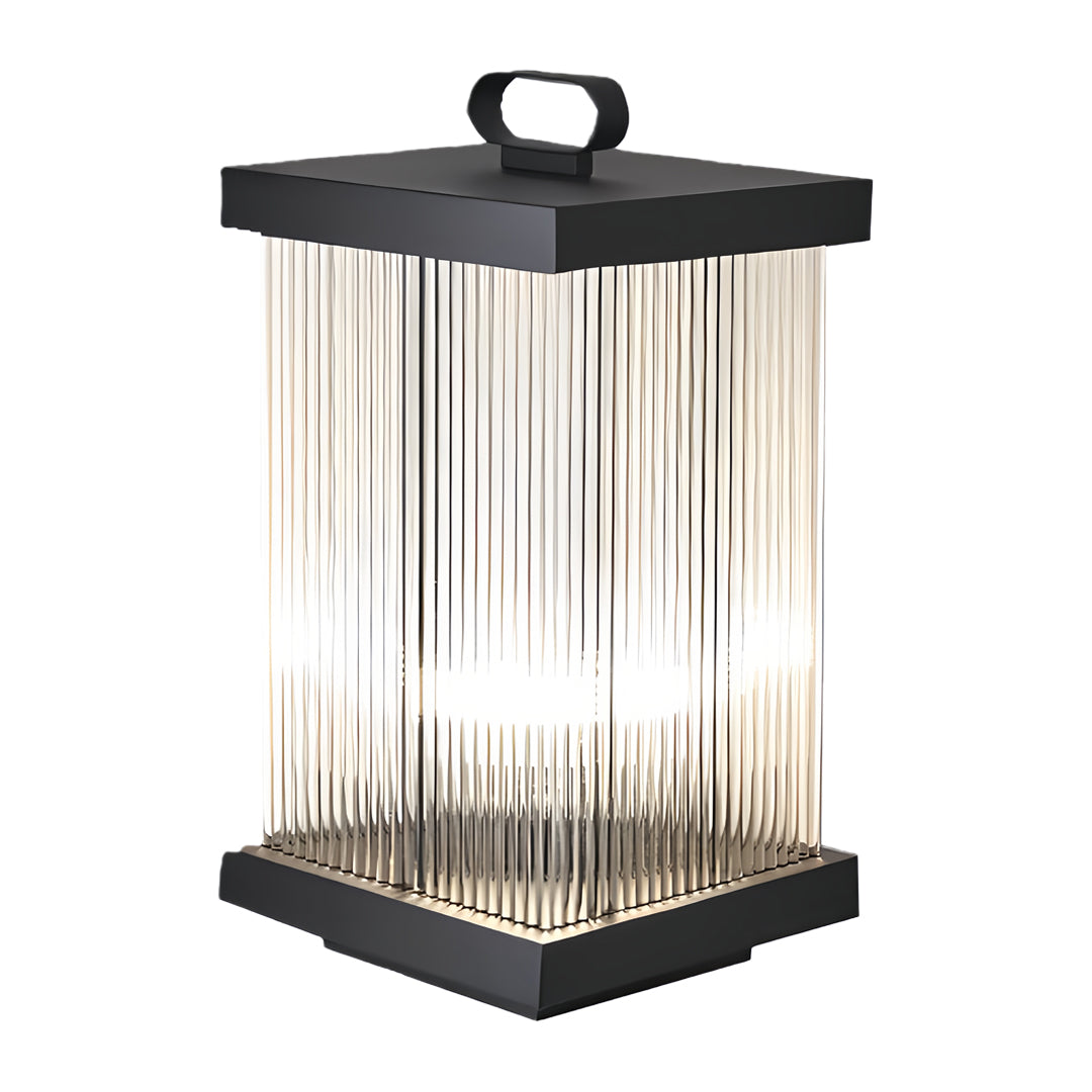 Large solar garden lantern with vertical light strips and black frame.