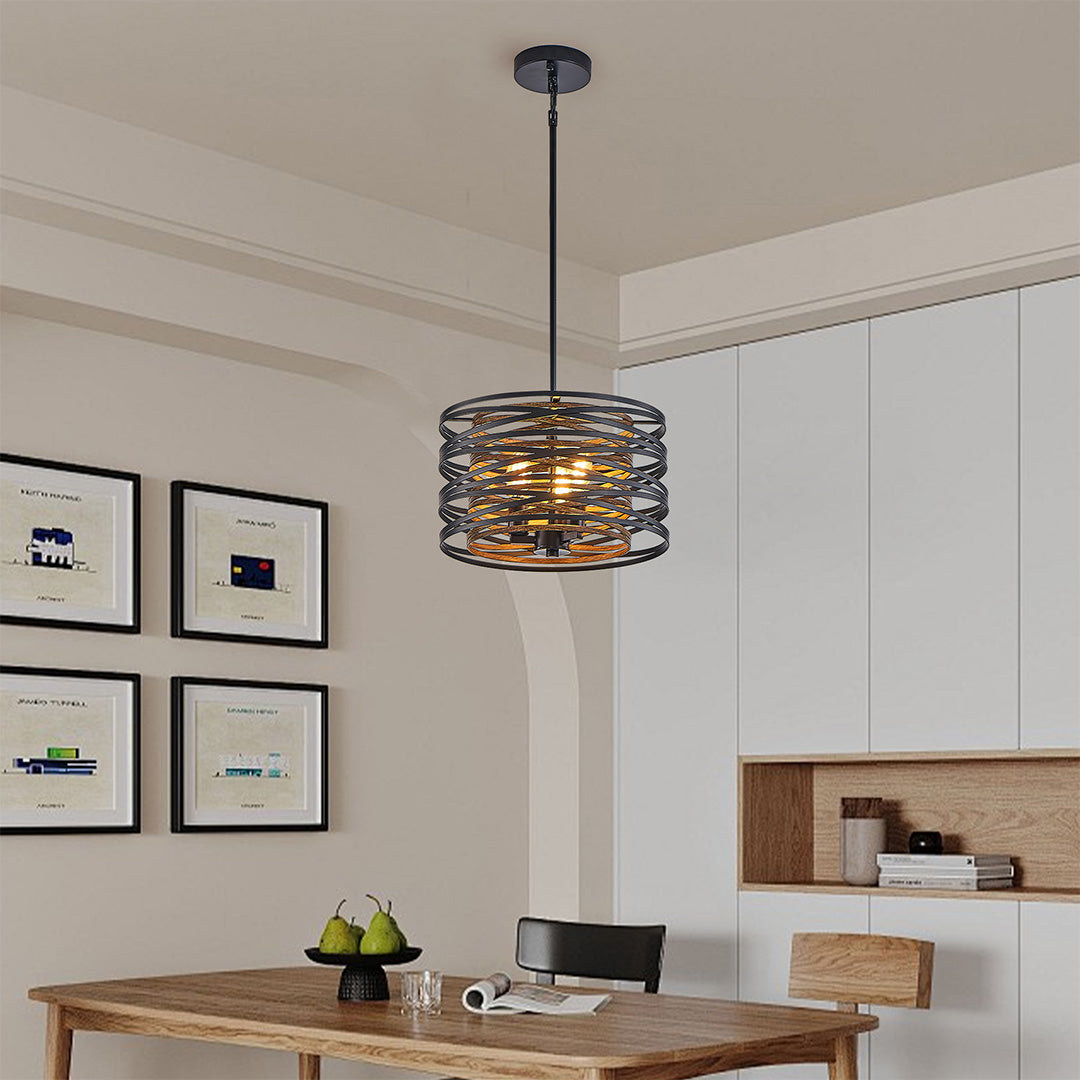 Close-up detail of a black drum pendant light's layered metal rings and wooden accents.