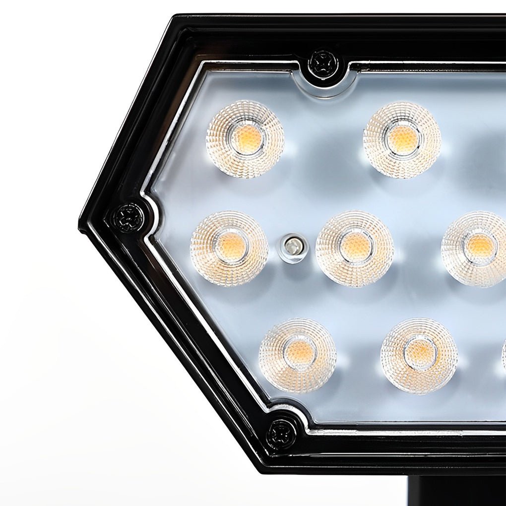 LED array inside flood spike light providing powerful bright illumination for outdoor security and decor.