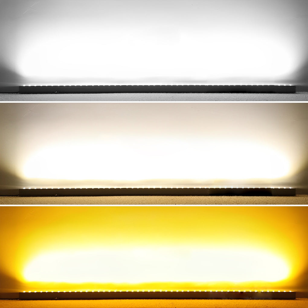 Close up of LED building facade lighting strips emitting warm white light for indoor or outdoor use.
