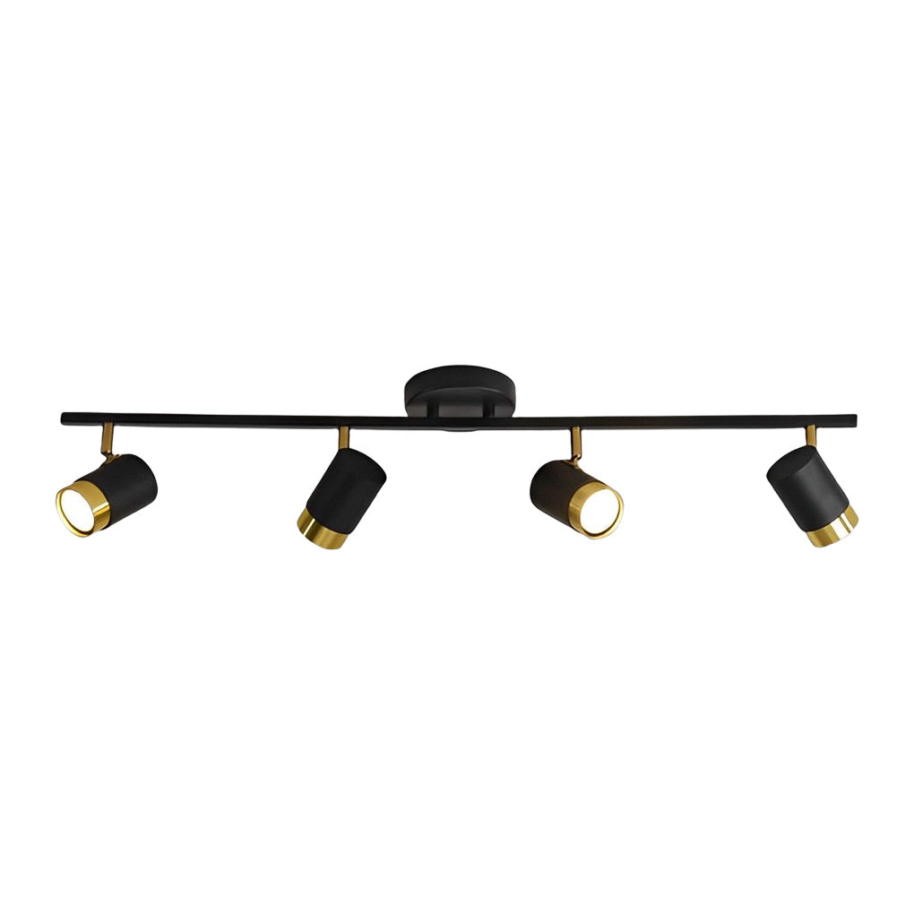 LED ceiling track spotlights with a black and gold design, enhancing a modern living room.