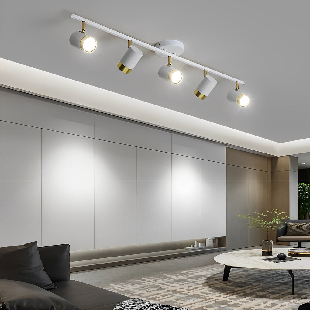 LED ceiling track spotlights with a gold accent, adding elegance to a modern living room.