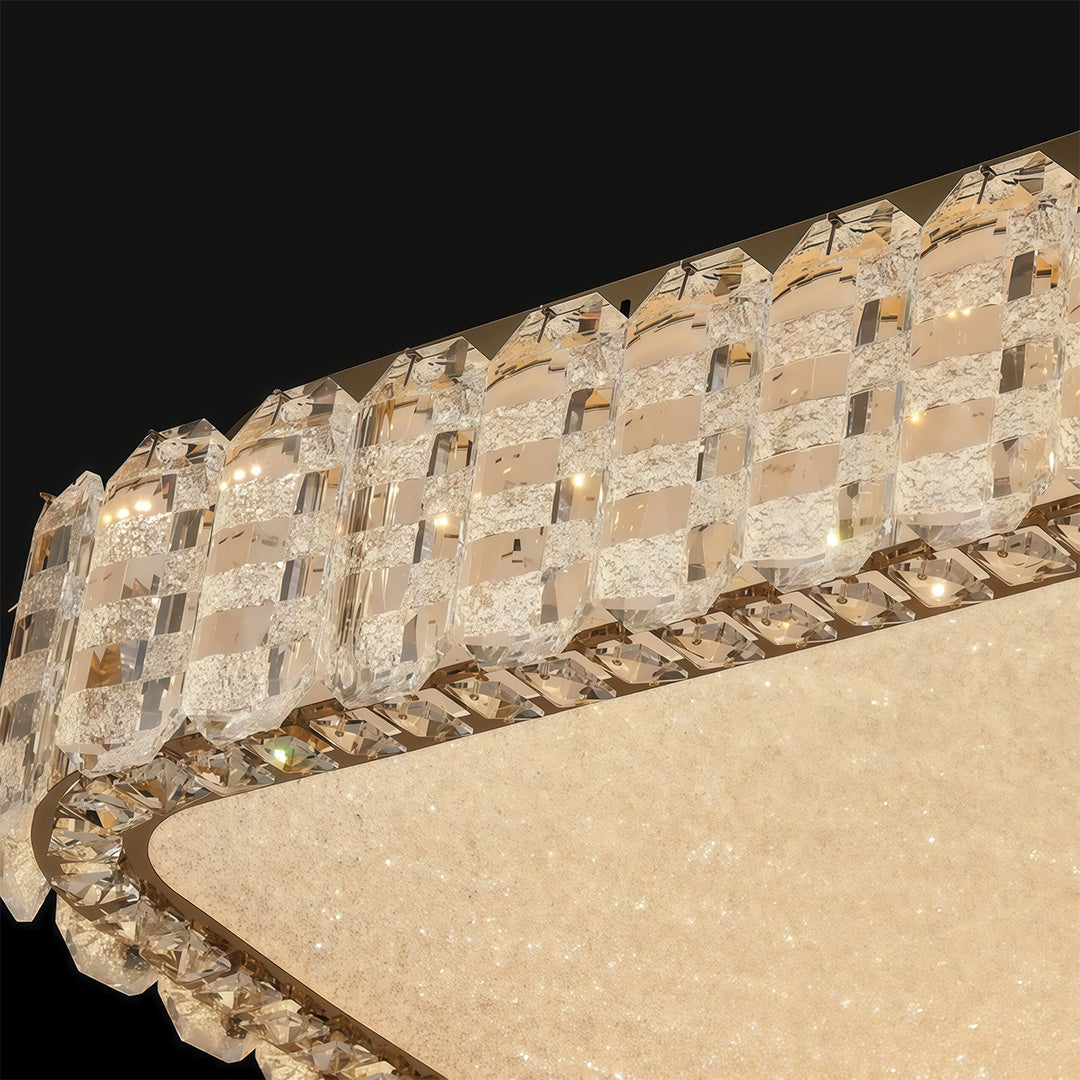 Close-up of crystal detailing on a luxury LED flush mount ceiling light fixtures.