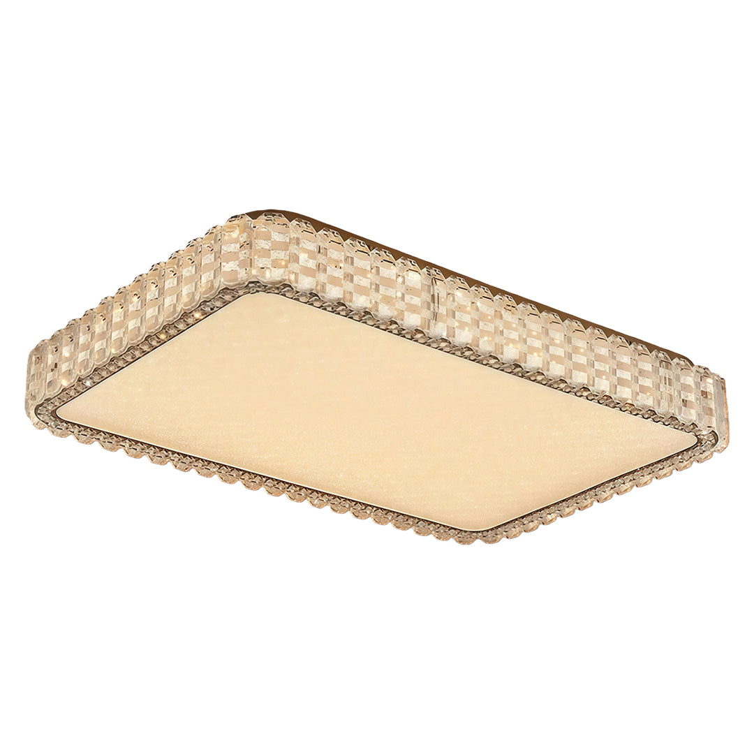 Layered rectangular LED flush mount ceiling light fixtures with crystal border and smooth illumination.