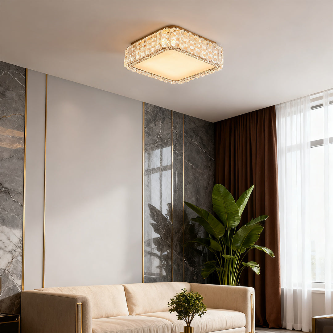 LED flush mount ceiling light fixtures illuminating a cozy living room with soft glow.