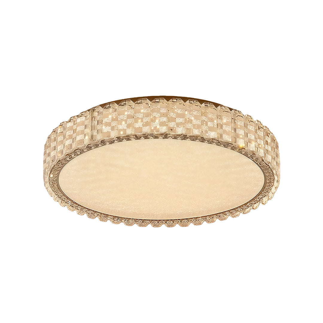 Elegant circular LED flush mount ceiling light fixtures with crystal edge and warm light.